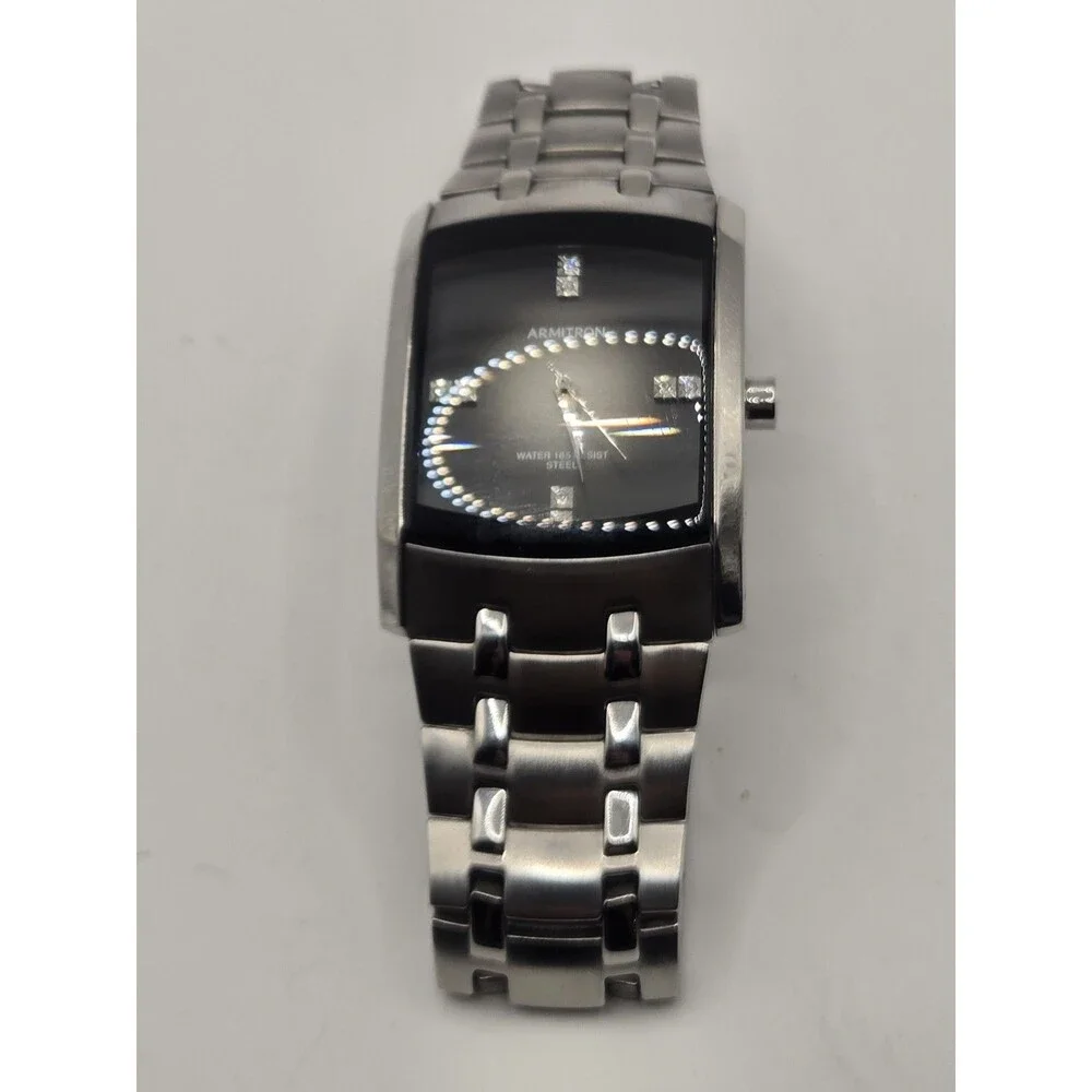 Armitron Men’s Rectangle Dress Watch Silver Tone All Stainless Black Dial WR50M